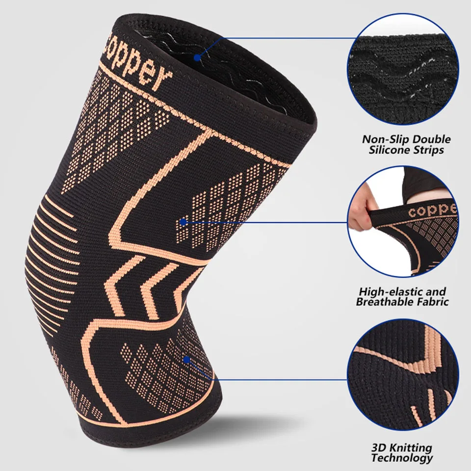 GOBYGO 1Pair Knitted Breathable Sports Knee Pads Copper Fiber Knitted Copper Ion Knee Pads Basketball Knee Pads Men women Unisex