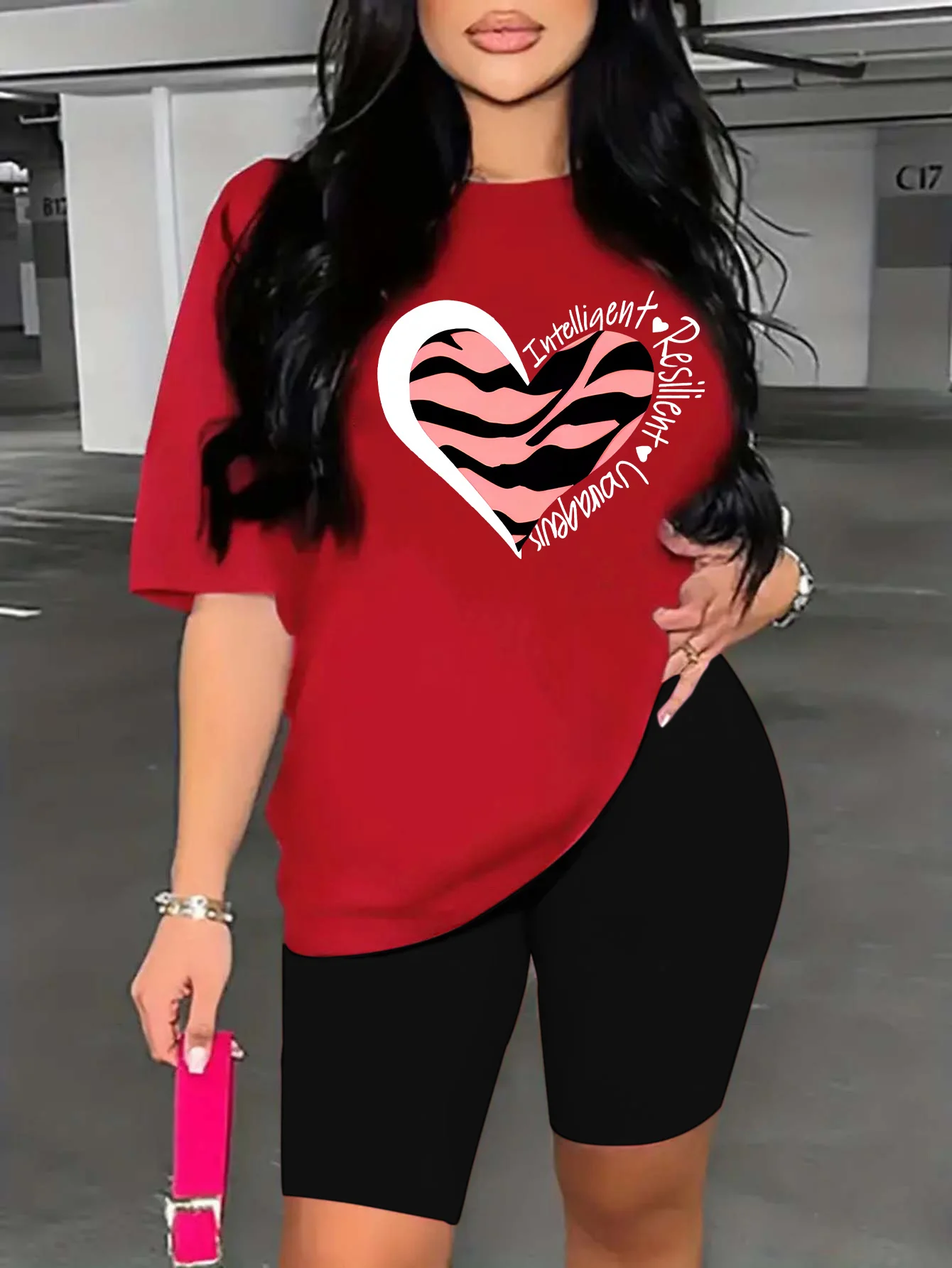 Heart Leopard Print Set, Short-Sleeve Round Neck T-Shirt & High Waist Biker Shorts, Fashion Printed Casual Sportswear Outfit
