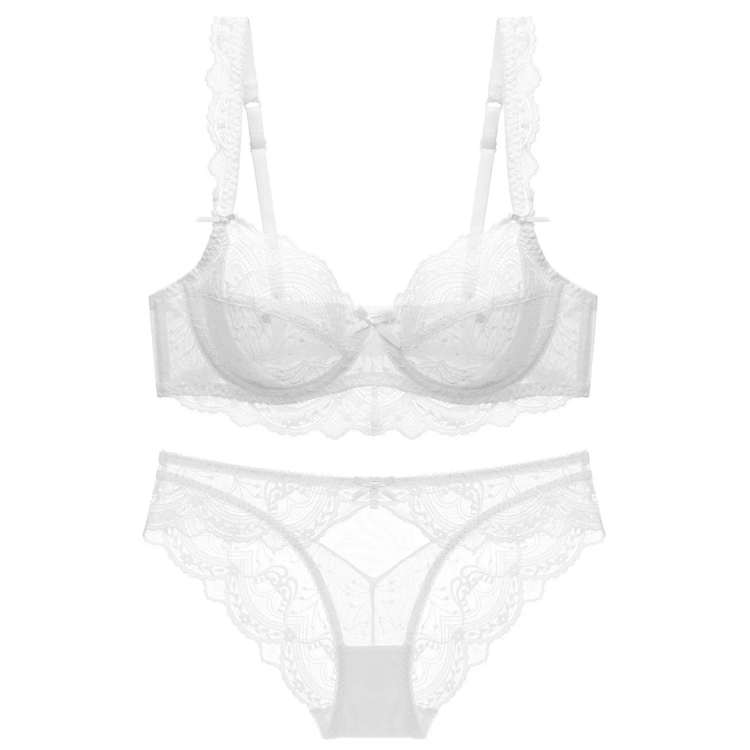 French Lace Lingerie Bra Set for Women Sponge Free Bra Top Sweet Thin Cotton 3/4 Cup Bra Set Female Transparent Bra & Brief Sets