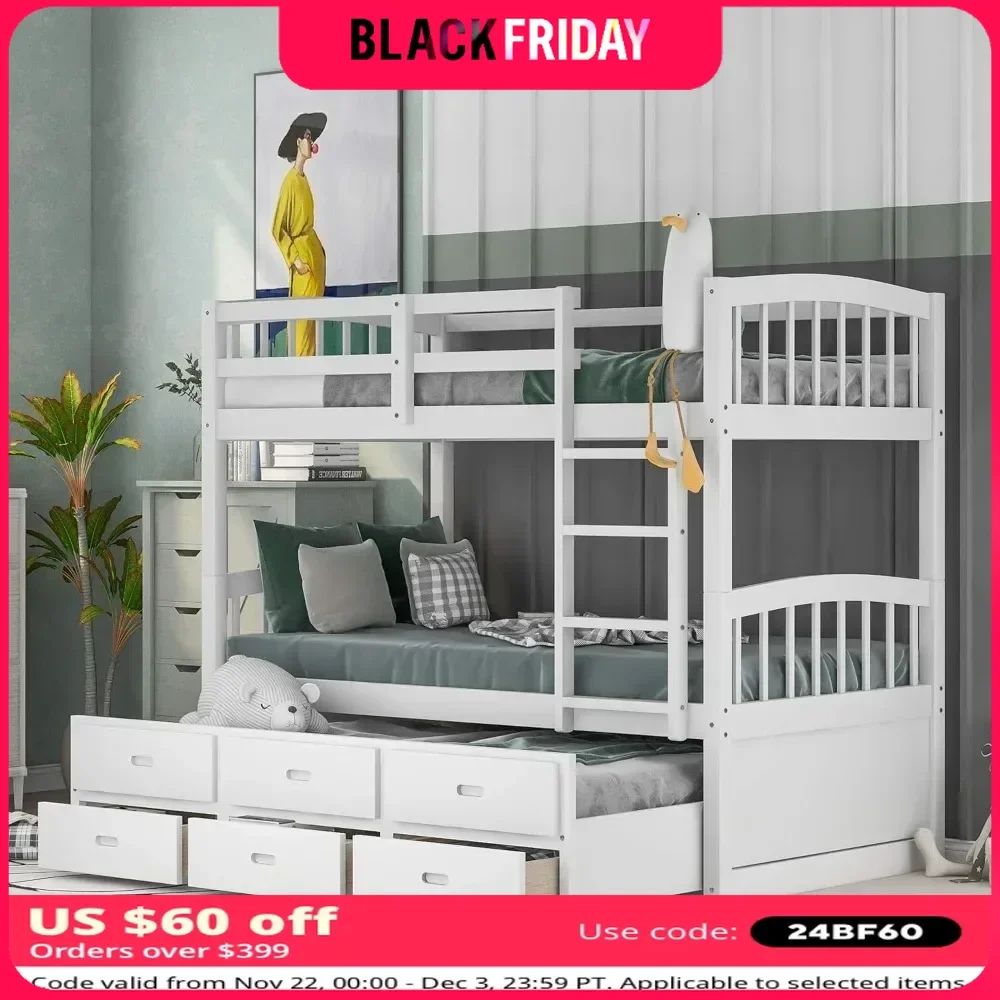 Bunk Bed, with Safety Rail, Ladder, White Twin Trundle Bed with 3 Drawers for Kids, Teens Bedroom, Guest Room Furniture