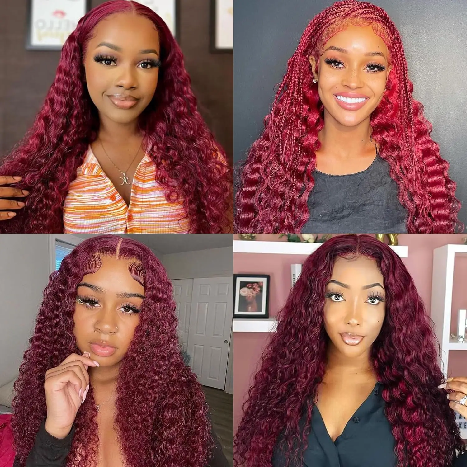 Borgonha Onda Profunda Perucas Encaracoladas para Mulheres, Cabelo Humano Frontal de Renda Transparente HD, Vermelho, Cabelo Brasileiro, 99J, 13x4 13x6