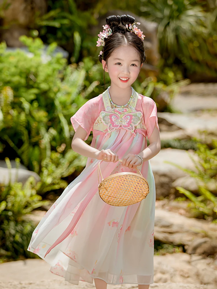 Hanfu Girls' Summer Clothing 2024 New Little Girl's Ancient Costume Improved Jacket and Dress