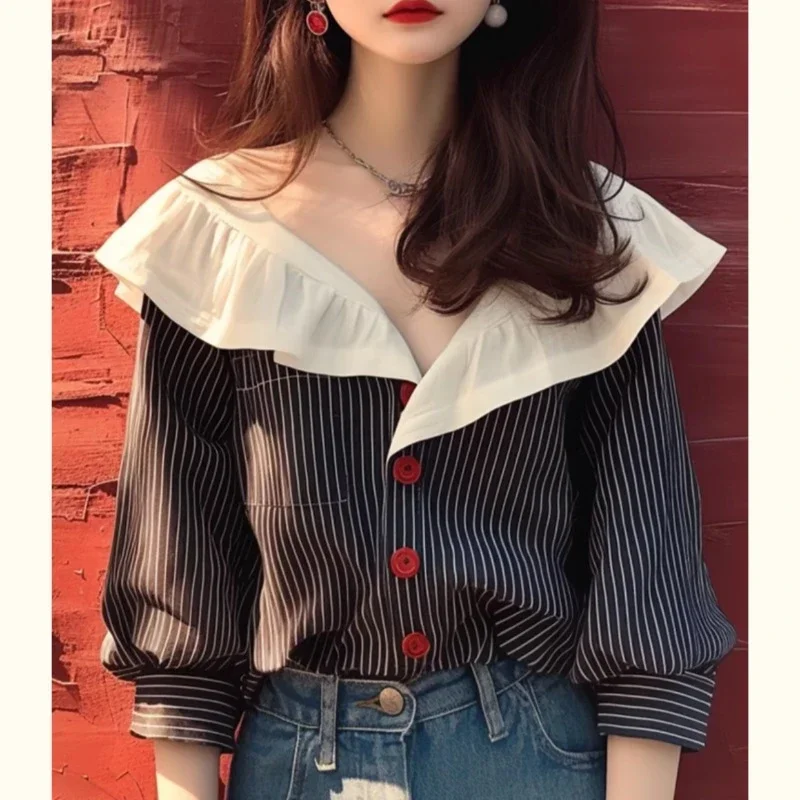 Vintage Women\'s Shirts Spring/summer New Chiffon Striped Women Blouses Loose Long Sleeve Top Ruffles Korean Clothing Sales