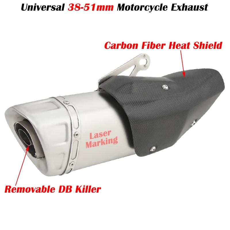 Universal 51mm Motorcycle Exhaust Pipe Moto Escape Modified Muffler With Heat Shield For GSX S750  CBR500 MT09 S1000RR NINJA 400