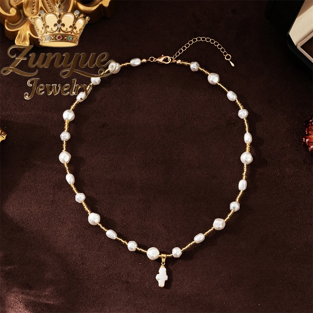 

Natural Pearl Necklace, Cross Pendant, Artistic Baroque Collarbone Chain Fashion Jewelry Exquisite Elegant Best Selling Charms