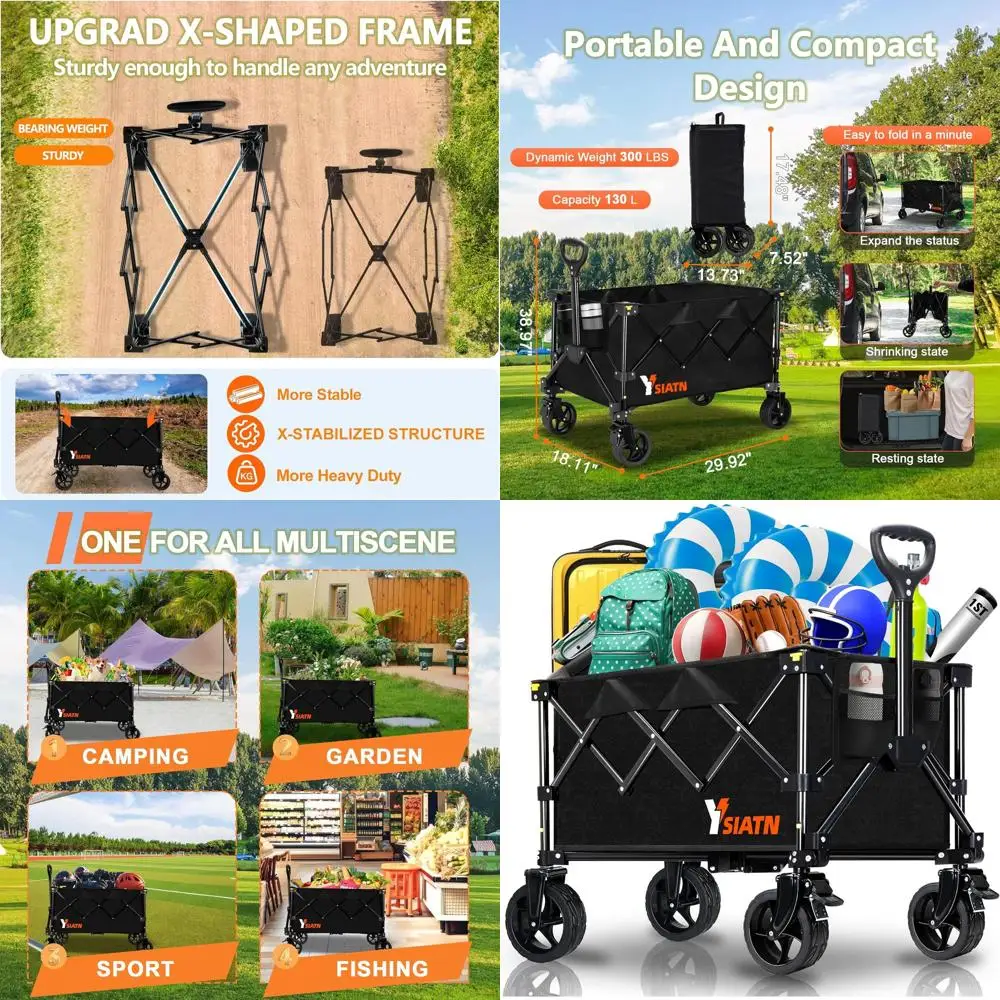 全地形対応折りたたみワゴン、130L容量、ショッピング、ビーチ、スポーツ、釣り、キャンプ用の頑丈なユーティリティカート、ブラック