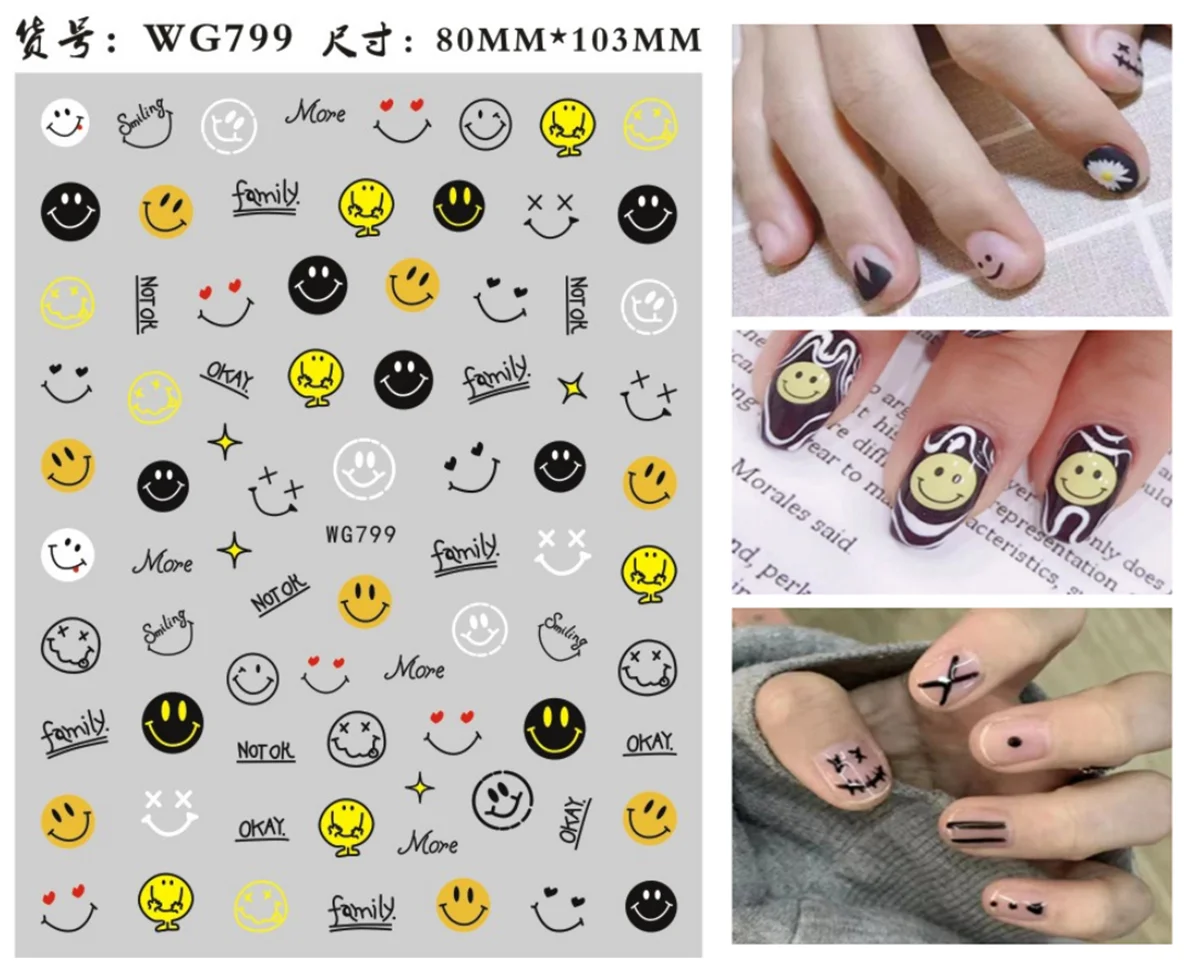 3D Smile Face Nail Sticker Art Decoration Smiling Nails Decal Stickers for Manicure Cute Design Foil Emojied Yellow Black Laser