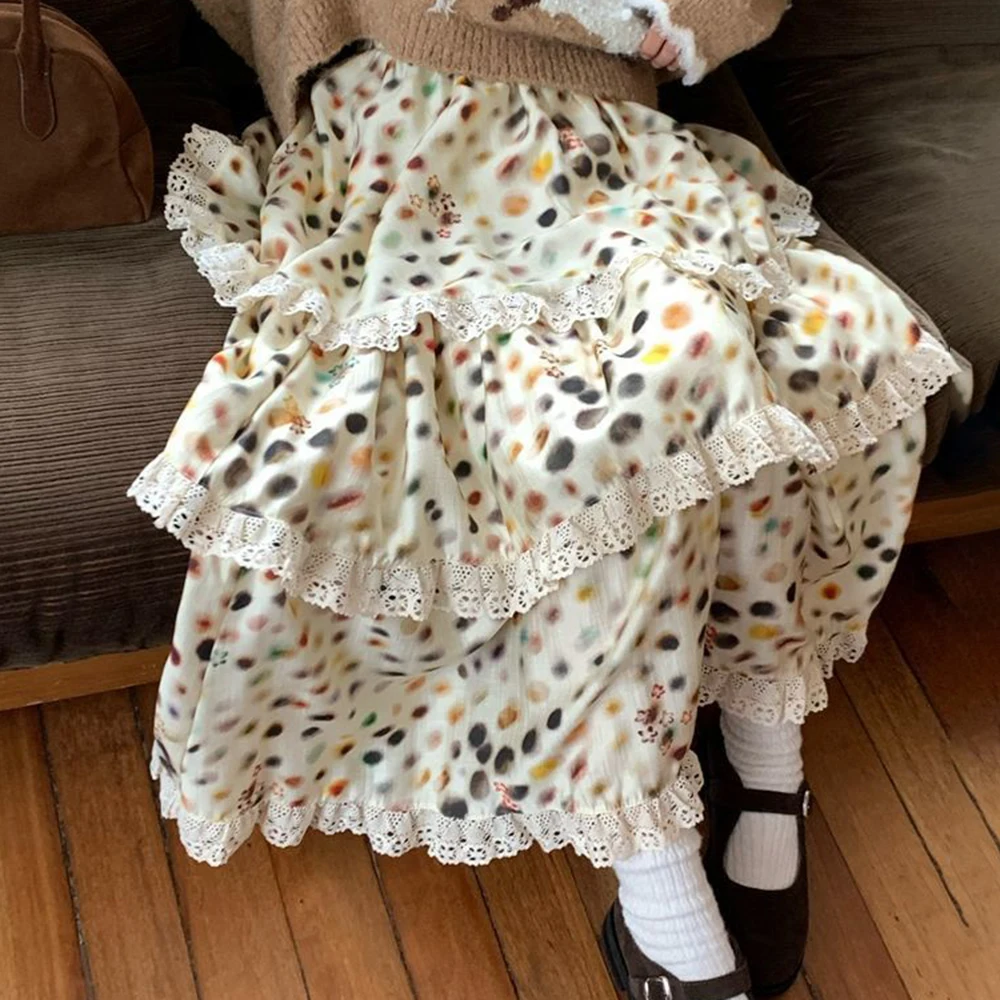 French beige polka dot cake skirt lace heavy industry medium and long versatile retro autumn and winter A elastic waist skirt