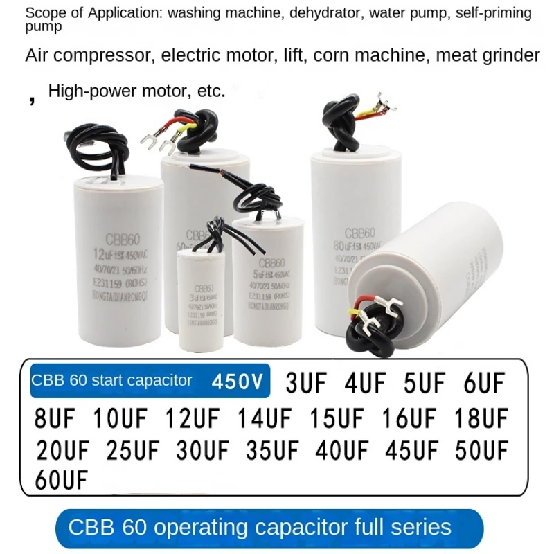 

Motor Run Capacitors CBB60 450V AC Starting Capacitor 5% 3/4/5/6/8/10/12/14/15/16/18/20/25/30/40/45/50/60UF for Washing Machine