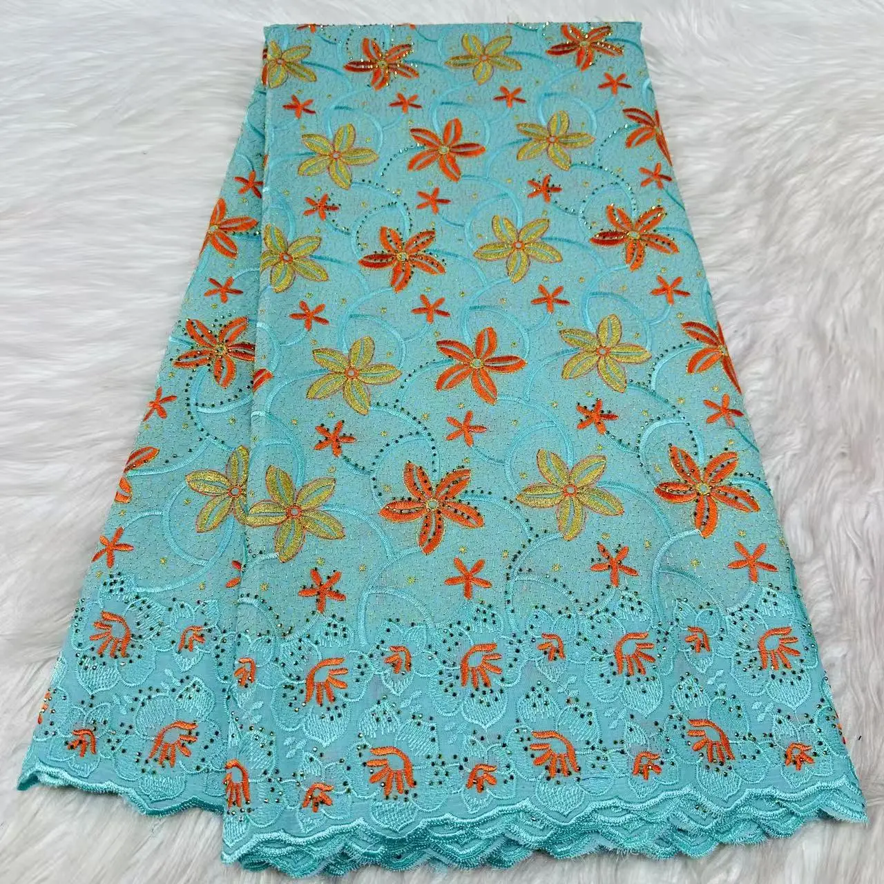 5Yards African Cotton Swiss Lace Fabric High-Quality Voile Lace with Stones Elegant Dry Polish Embroidery for Women's Dress