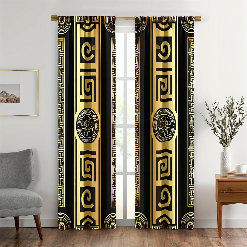 

2pcs Curtains, Modern Geometric Gold Pattern Window Drapes for Bedroom Living Room Decorative Window Treatment