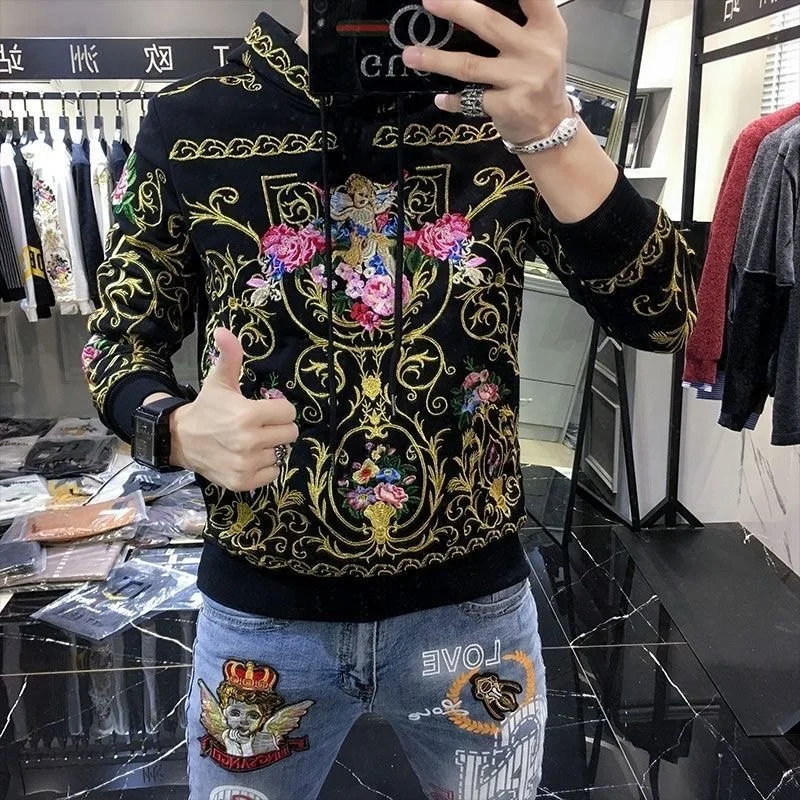 Men's 2024  autumn new slim long-sleeved handsome heavy craft flower and bird print hot diamond tide brand sweater men