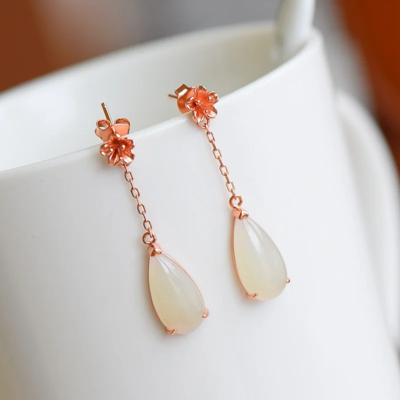 

S925 Silver Inlay Hetian White Jade Drop Bauhinia Girlfriend Flower Earrings