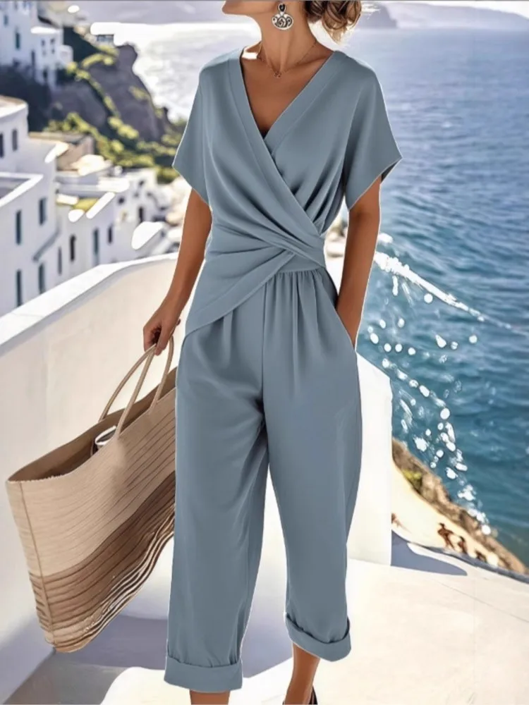 

Women's 2 Piece Set Fashion V Neck Short Sleeved Shirt Irregular Pleated Chic Top Casual Trousers Female Outfit Office Suit 2026