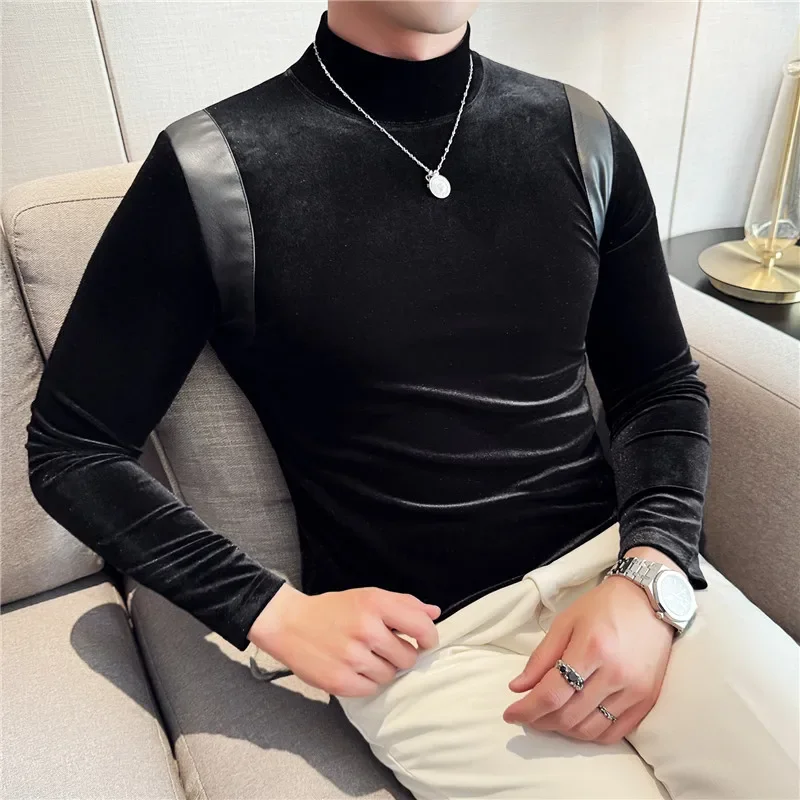 Men Long Sleeve T Shirt 2024 Leather Spliced Design Velvet Thickened Half High Collar Solid Casual Elastic Slim Fit Tee Shirt