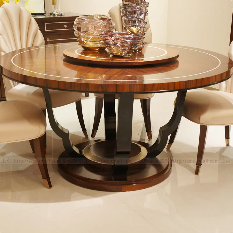 New Chinese-style veneer parquet dining table, light luxury household solid wood round table 1 table and 6 chairs combination