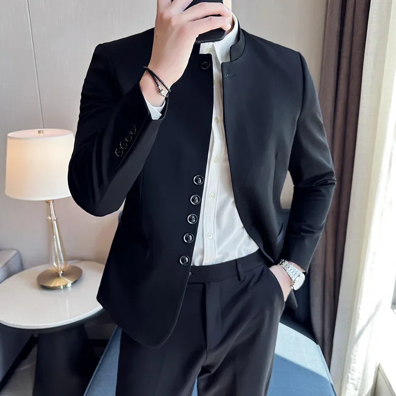 

High-quality New Chinese Style Men's Suit Standing Collar Slim Fit Classic（Blazer+Pants）Solid Color Black 2 Pcs Wedding Dress