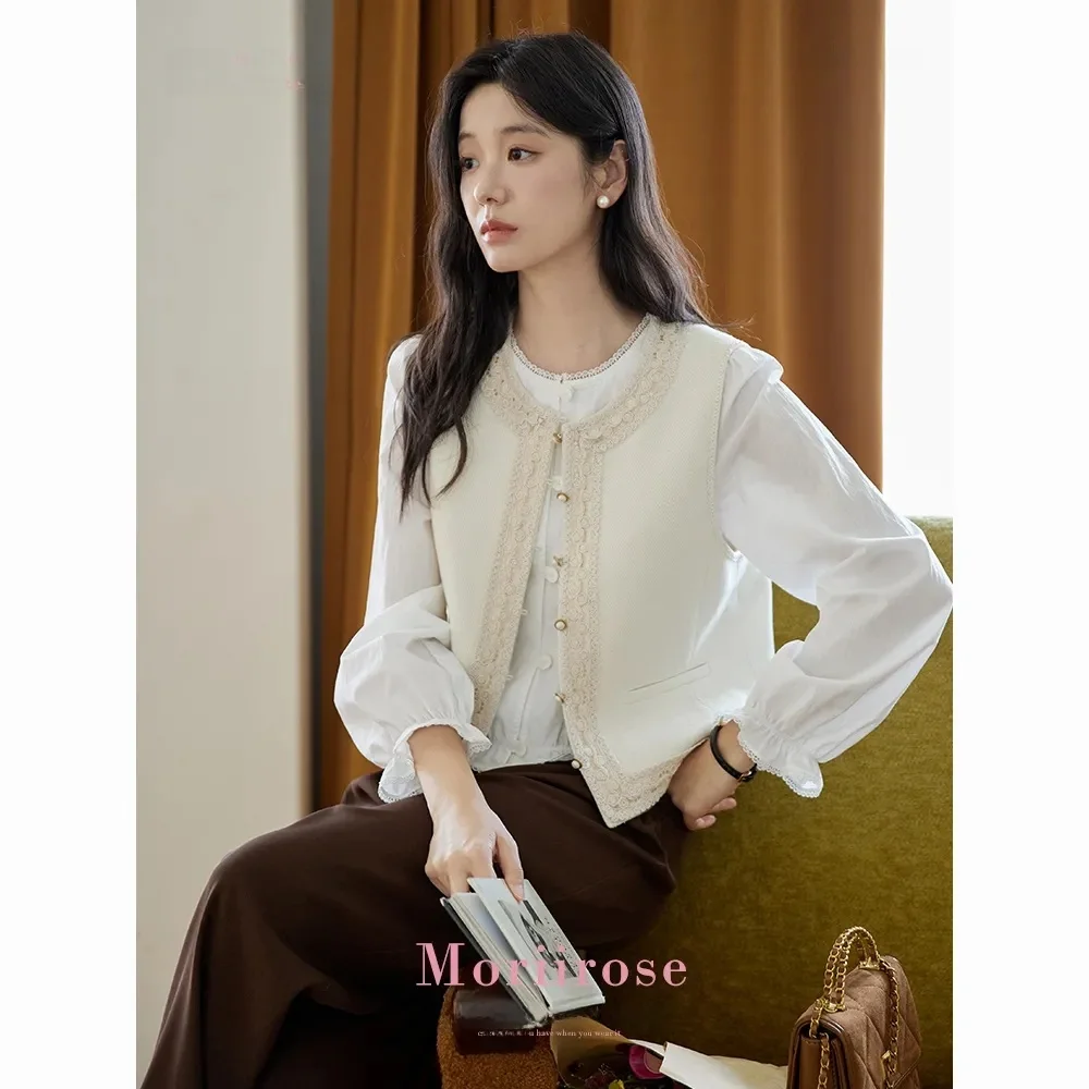 Faionable Beige rotondo Ne Ruffle con risvolto ort Sle Small Fraance Sle Vest Donna 2025 Autunno Nuovo Retro Top