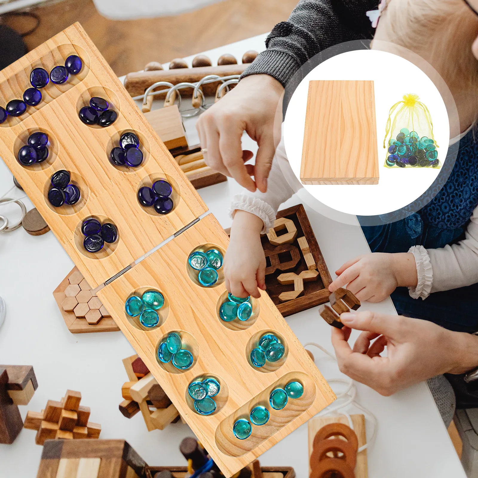 

1Set Folding Wooden Mancala Board Game Gemstone Chess Portable Logic Training Puzzle Family Entertainment Mancala Board Game