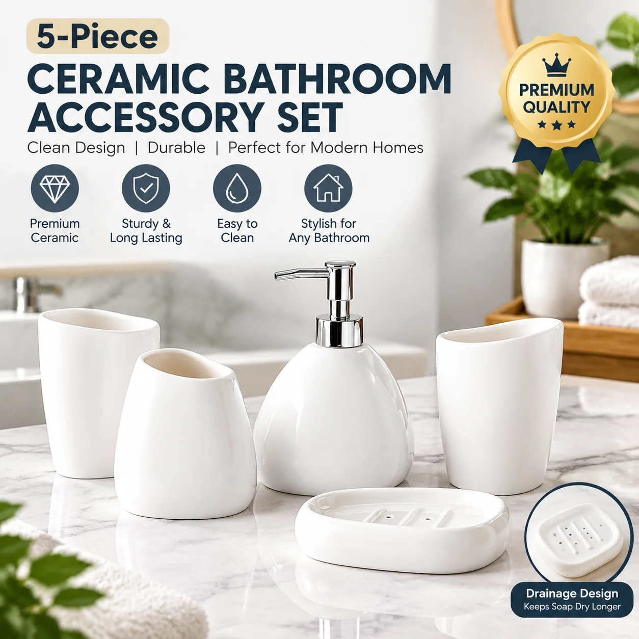 Luxury Ceramic Bathroom Accessories Set 4/5Pcs Toothbrush Holder Tumbler Soap Dish Vanity Countertop Decor Ornaments