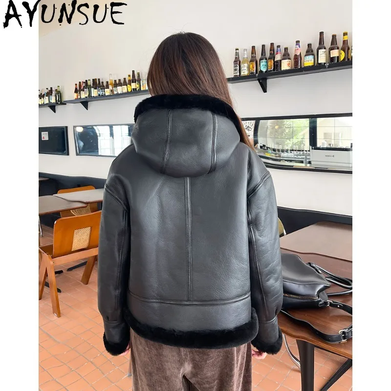 سترة من الجلد الحقيقي من AYUNSUE للسيدات 2025 سترة شتوية قصيرة معاطف نسائية من جلد الغنم للمرأة ملابس نسائية عصرية شوباب كردنهكا #5