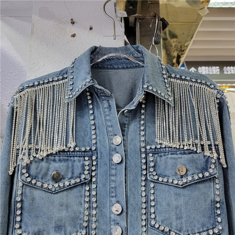 Przemysł ciężki Denim wiertła łańcucha płaszcz kobiet 2023 wiosna nowy projekt mody wąska kurtka fajne typu Streetwear z długim rękawem kurtka dżinsowa