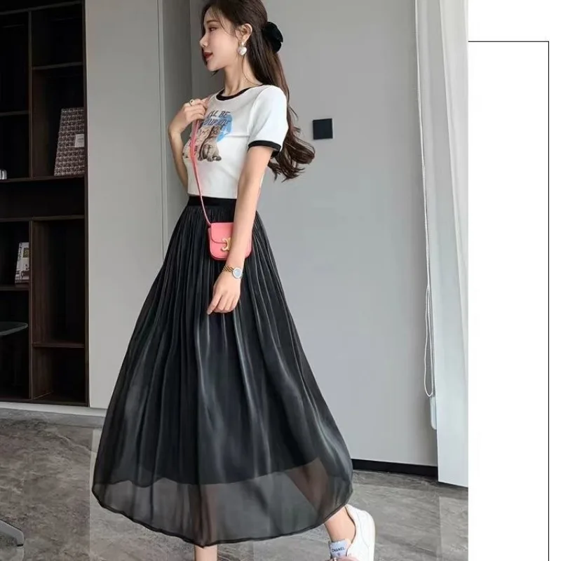 

Новая летняя легкая плиссированная юбка с сетчатой вставкой, с завышенной талией для эффекта похудения, А-образная шифоновая юбка-миди