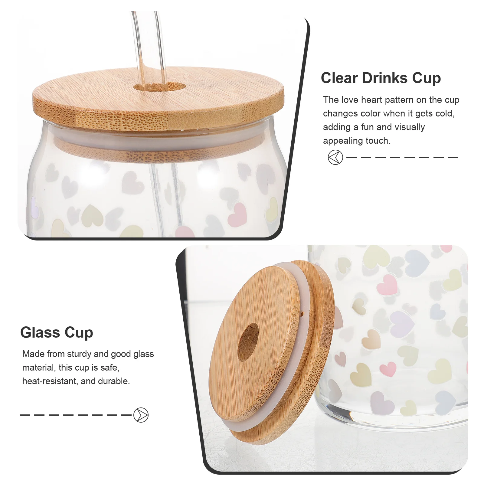 

1Set Safe Sturdy Glass Tumbler with Lid and Straw Color Change Heart Pattern Perfect for Cold Water Tea Coffee Milk
