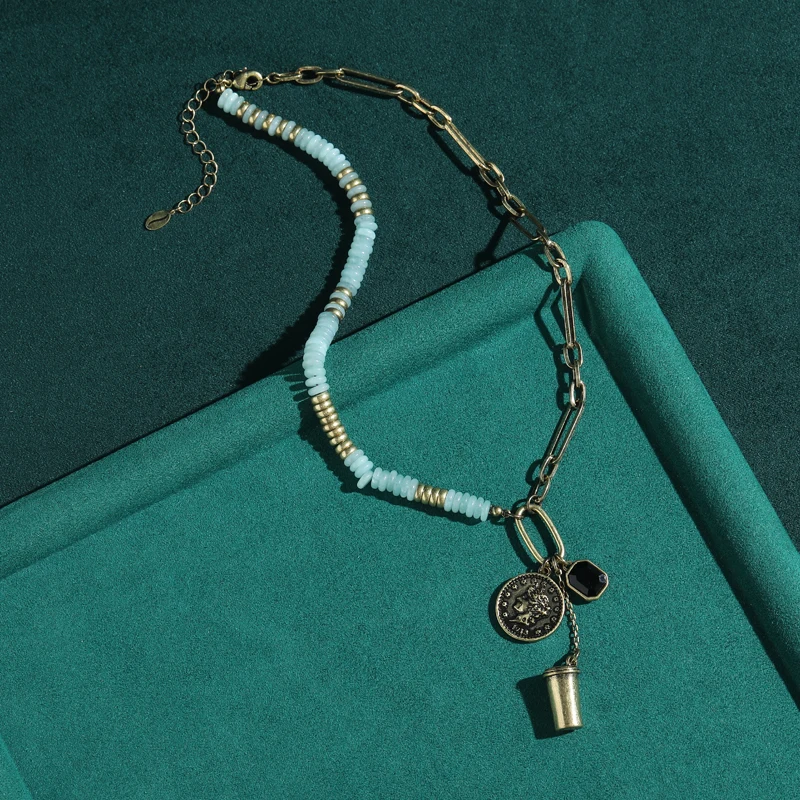 Vintage Natural Stone Beads Necklace Long Pendent Gold Color Cameo Head Coin Luxury Brand High Women 2026 New Tendency Jewelry