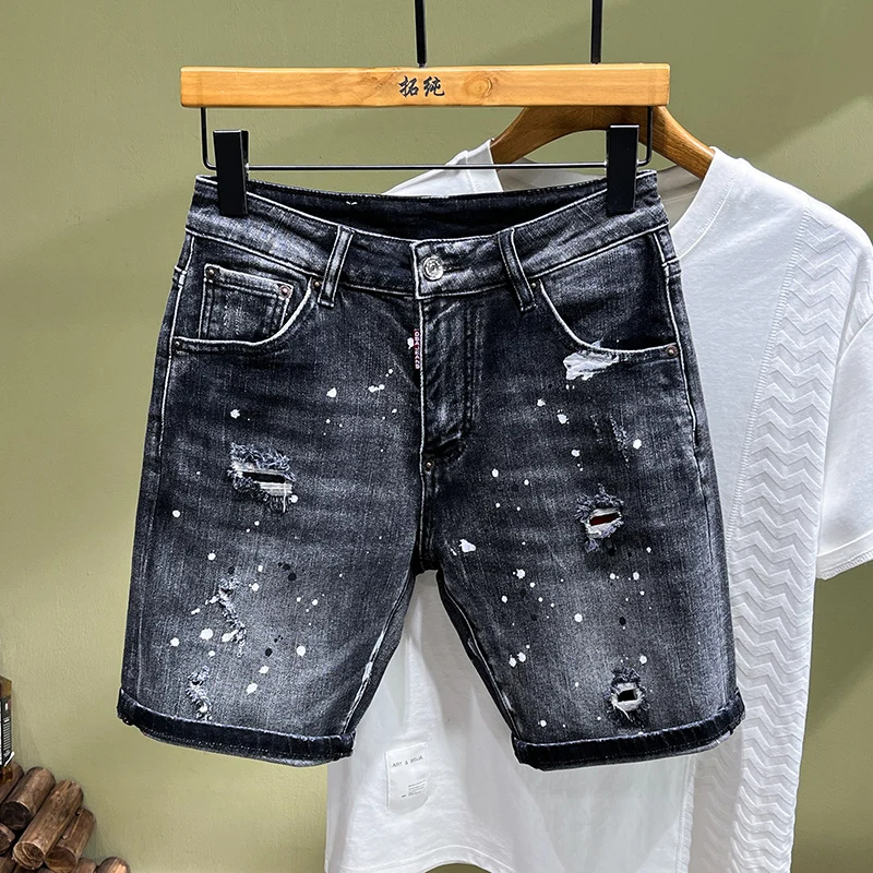 Street Fashion Men Jeans Summer Retro Black Gray Stretch Slim Fit Vintage Ripped Short Jeans Painted Hip Hop Denim Shorts Men