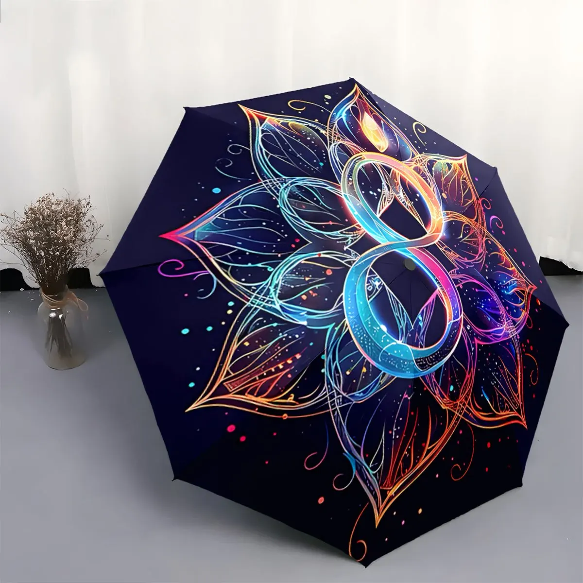 

Automatic Folding Umbrella Colorful floral mandala with an infinity symbol. Portable collapsible design, casual outdoor access