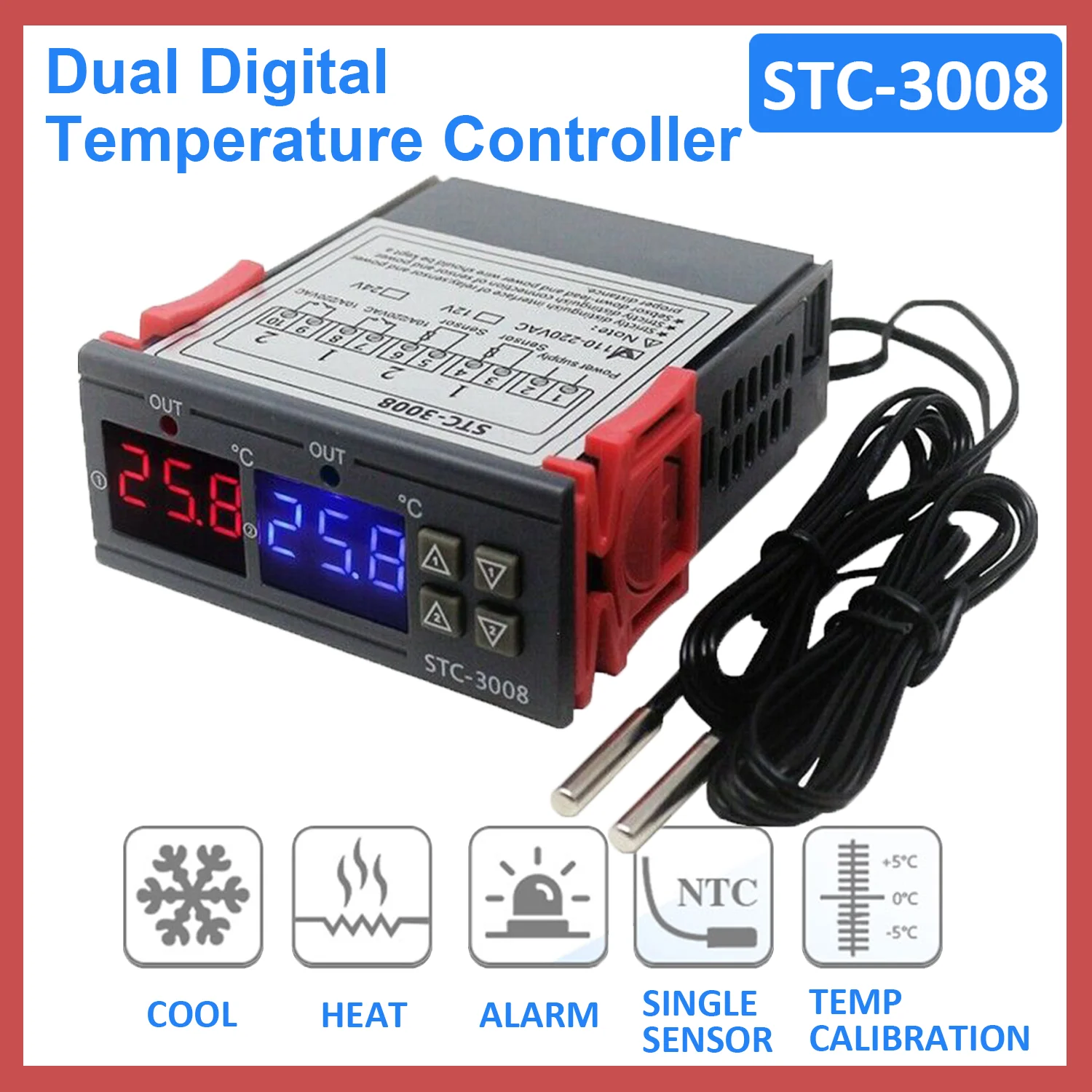 STC-3008 Dual Digital Temperature Controller Two Relay Thermostat Output 12V 24V 220V Thermoregulator with Heater Cooler Switch