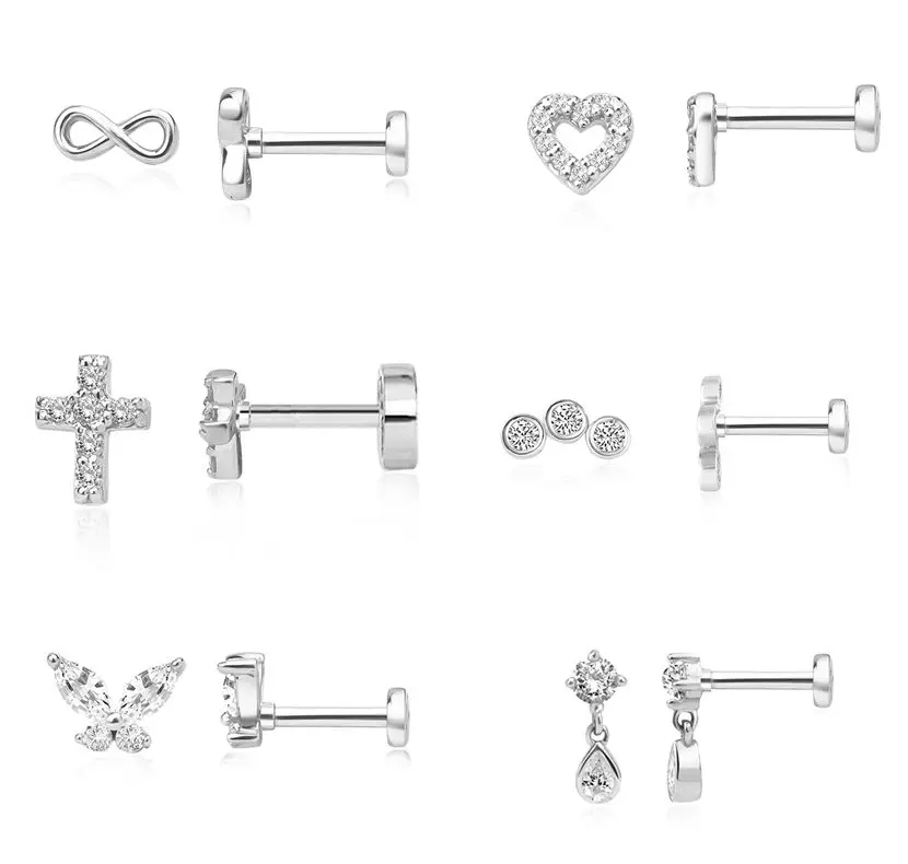 

LENNIK White Gold Single S925 Silver Earring Women hollow heart butterfly zircon flat head piercing earring trendy gift joias