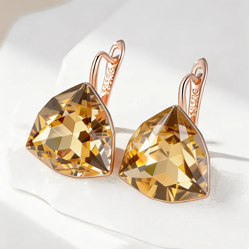 Wbmqda Big Yellow Triangular Zircon Dangle Earrings For Women 585 Rose Gold Color Unique 25*13mm Stone Jewelry Accessories