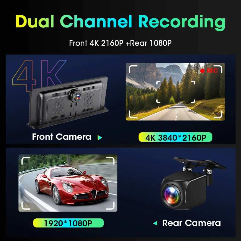 شاشة كاميرا Dashcam 4K 4K مقاس 11.3 بوصة بشاشة 4K Carplay كاميرا DVR للسيارة مسجل فيديو رقمي أمامي وخلفي بنظام Android Auto مسجل فيديو أمامي وخلفي GPS Navi Dash Cam 24h مراقبة وقوف السيارات