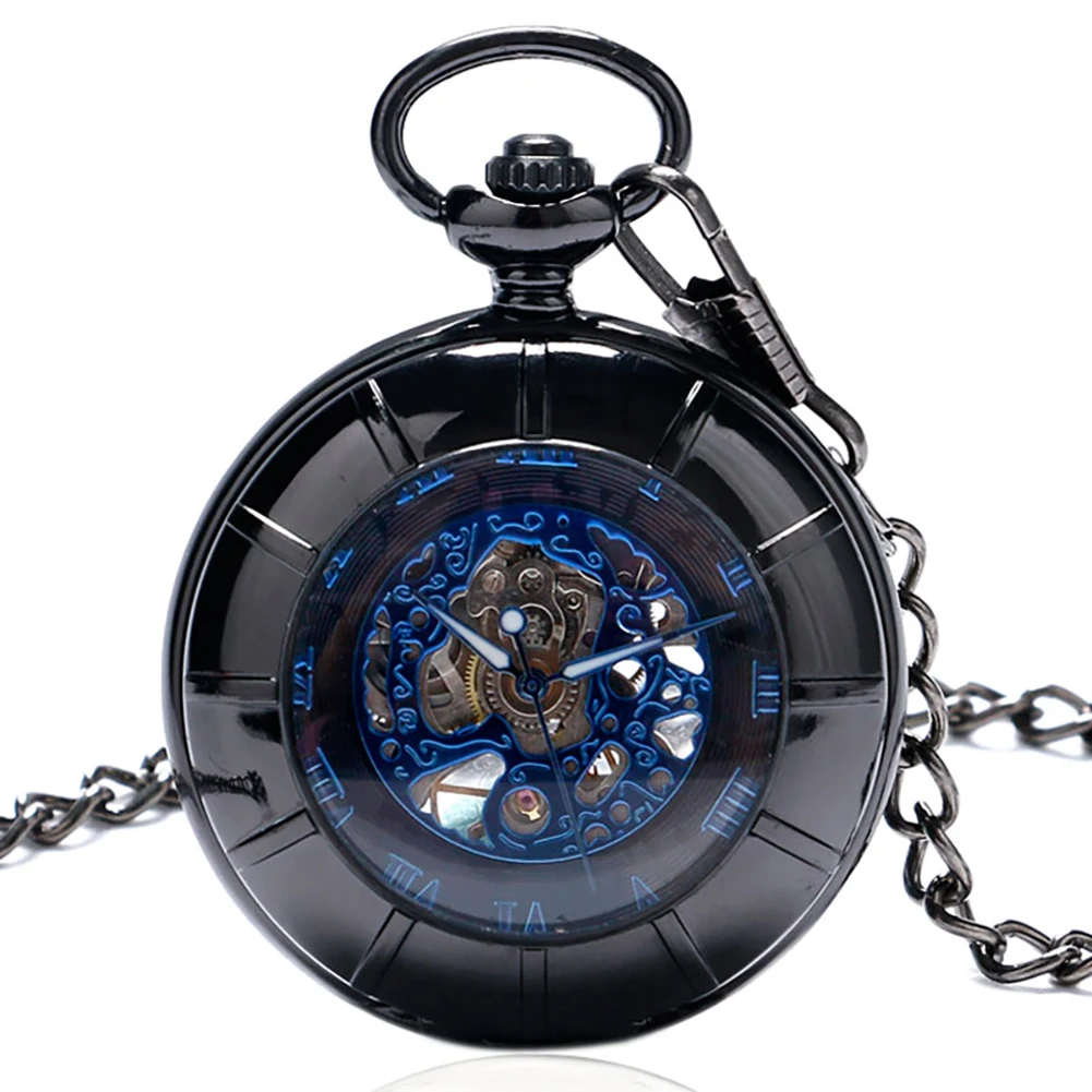 

New Arrival Black Hollow Case Blue Roman Number Skeleton Dial Steampunk Mechanical Pocket Watch with Chain Gift to Men Ladies