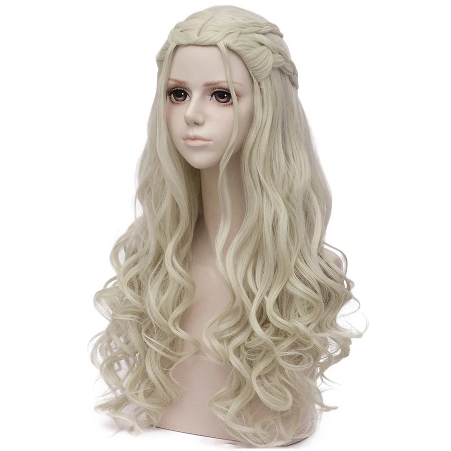 Daenerys Cosplay Wig Women Blonde Long Curly Braided Queen Cosplay Heat Resistant Synthetic Hair Halloween Anime Wigs + Wig Cap