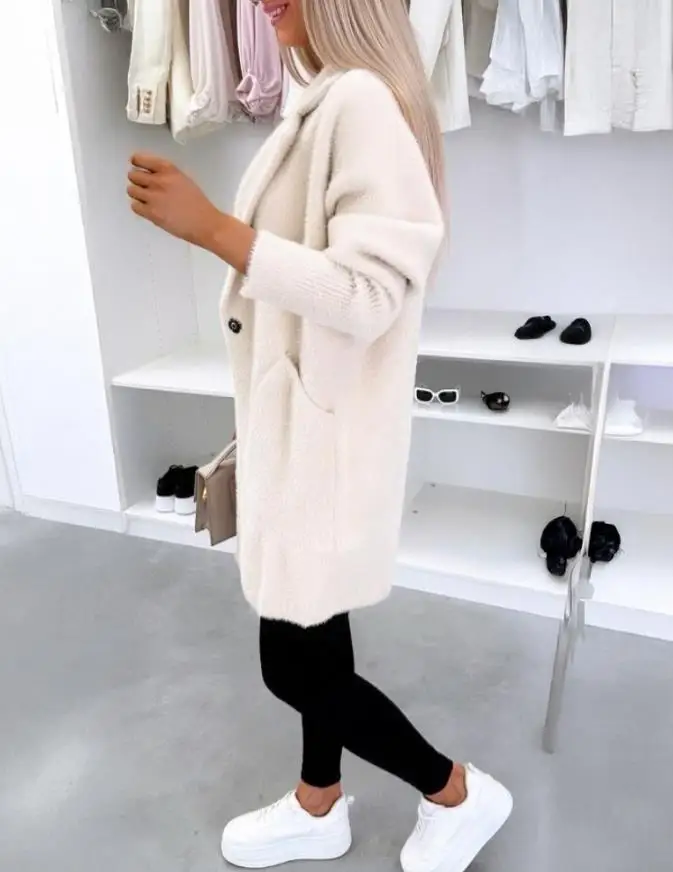 

Women's Jacket 2025 Spring Autumn New Solid Color Turn-Down Collar Long Sleeve Casual Pocket Design Button Long Jacket Coat