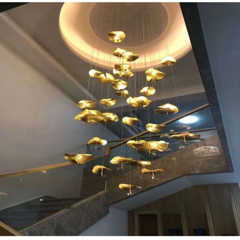 Light luxury all copper lotus leaf restaurant bar staircase chandelier creative art bedroom bedside small copper art chandelier