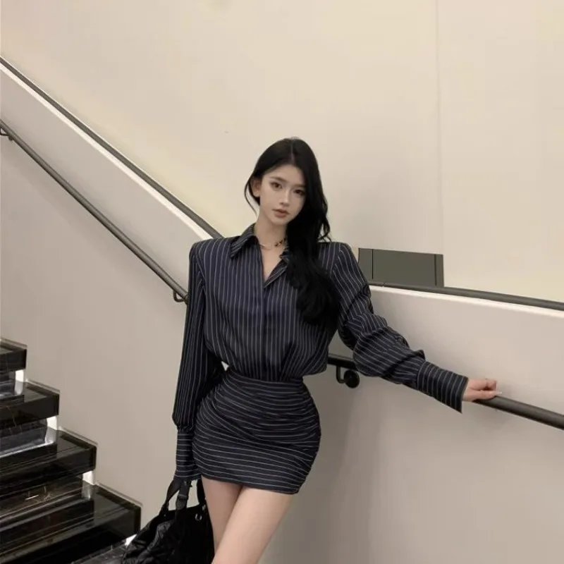 Robes chemise pour femmes Kpop sensuelles t-shirts Sexy courbés en Promotion Chic et élégant jolie robe à manches longues pour femme à rayures chaudes