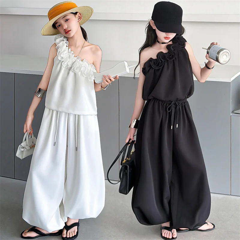 Girls White Black French Style Elegant Outfits with Ruffle Shoulder Top And Wide Leg Pants Children's Clothing Sets for Girls