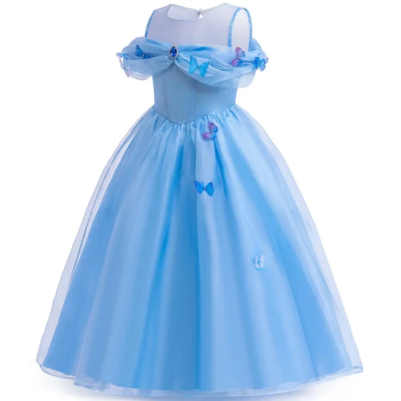 Cinderella Cosplay Blue Girl Disguise Ball Gown Children Carnival Party Butterfly Appliques Princess Elegant Off Shoulder Dress
