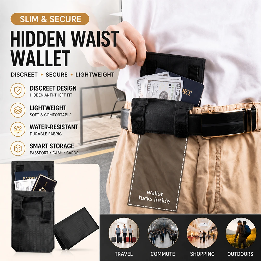 NEW Anti-Theft Wallet Belt Bag RFID Blocking Wallet Travel Pouch Simple Conceal Coin Pouch for Credit Card ID Cash Passport