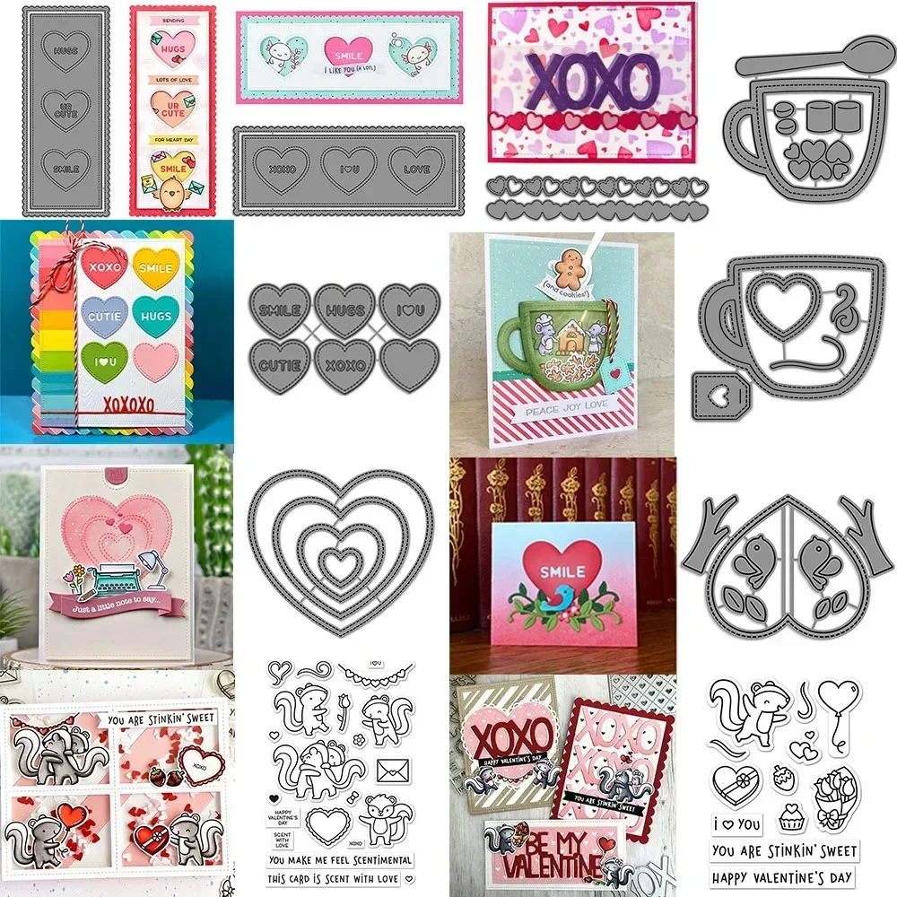 Valentine's Day Heart Border Cutting Dies Scent With Love Slimline With Hearts Teacup Stamps Die For DIY Scrapbooking Card Craft