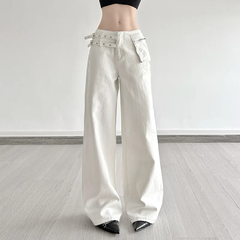 

European and American temperament commuting style white denim trousers simple casual pocket corns metal buckle overalls