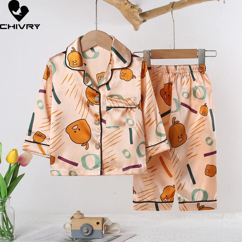 

New Kids Boys Girls Silky Pajamas Cartoon Three-quarter Sleeve Lapel Shirt Tops with Pants Baby Spring Summer Sleeping Homewear