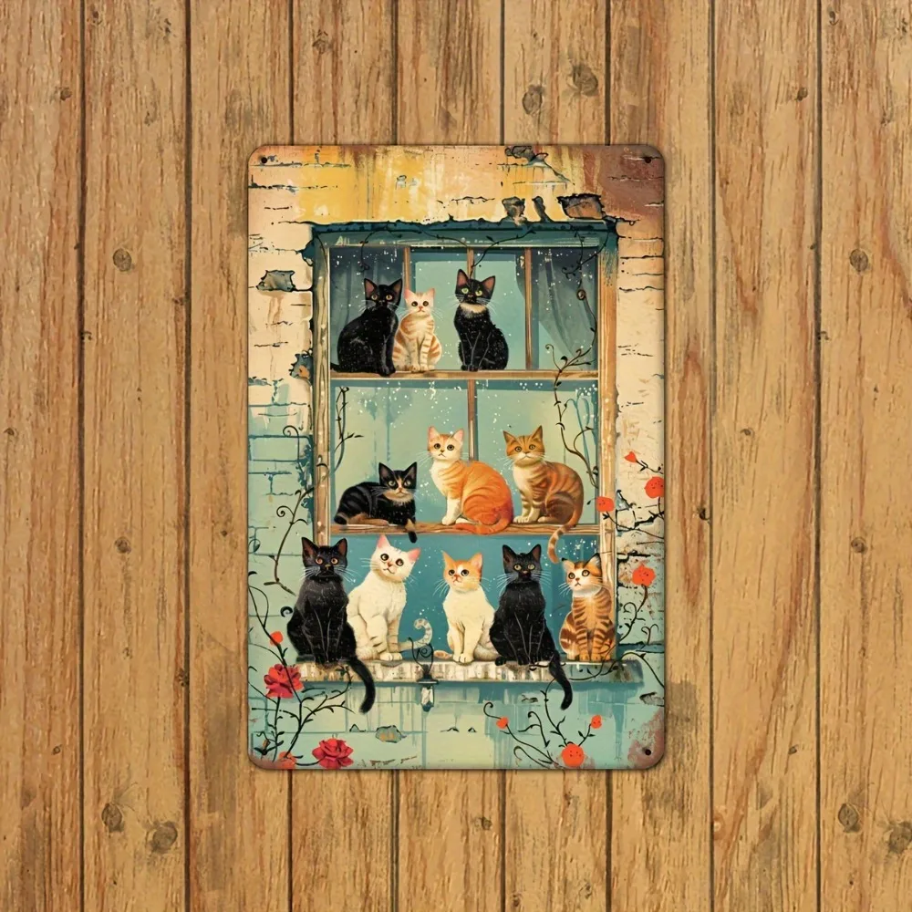 Vintage Cats Window Metal Sign Iron 8x12 Inch Retro Wall Decor Plaque For Home Cafe Bar Garage
