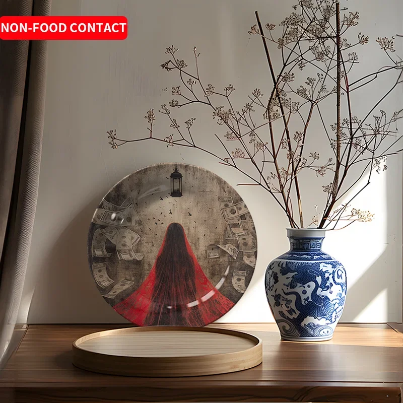 1pc Modern Minimalist Ceramic Decorative Plate - Wealth & Success Theme with Red Dress Woman, Non-Food Contact Safe Elegant