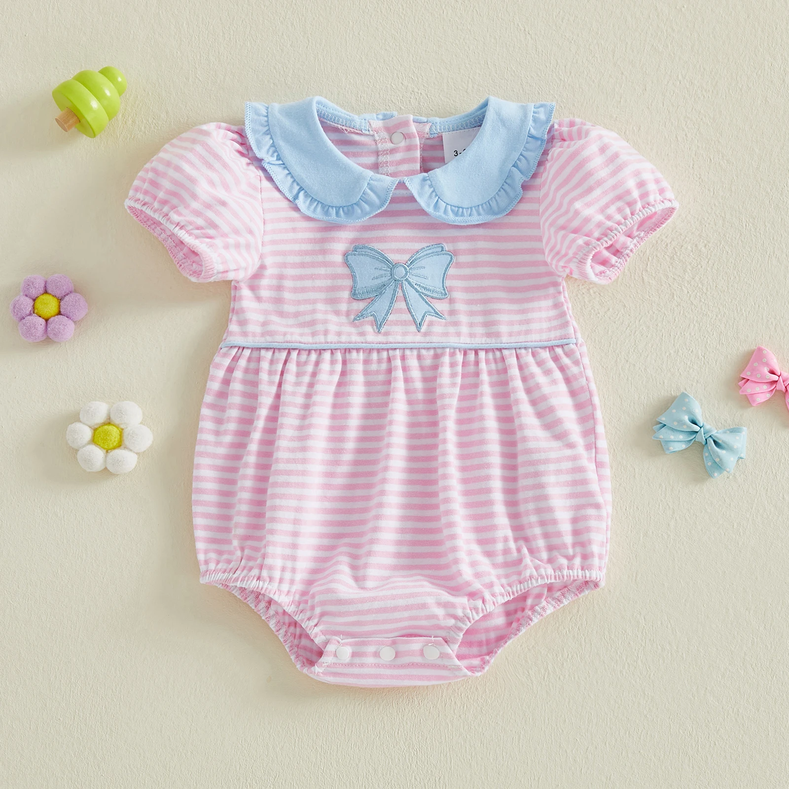 Summer Infant Baby Girl Striped Bodysuit Short Sleeve Doll Collar Bow Embroidery Sweet Jumpsuit Clothes