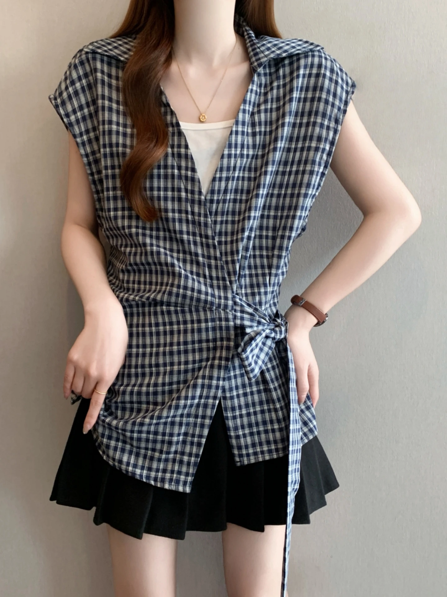 

Slimming Plaid Shirt Women's Summer New Large Size Fat MM Fake Two-Piece Belted Waist Cinch Short Sleeve V-neck Korean Style